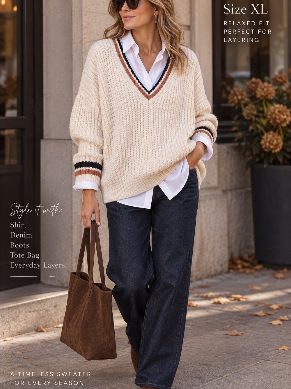 Abercrombie & Fitch XL Off White Chunky Knit V-Neck Sweater Layering Preppy chic